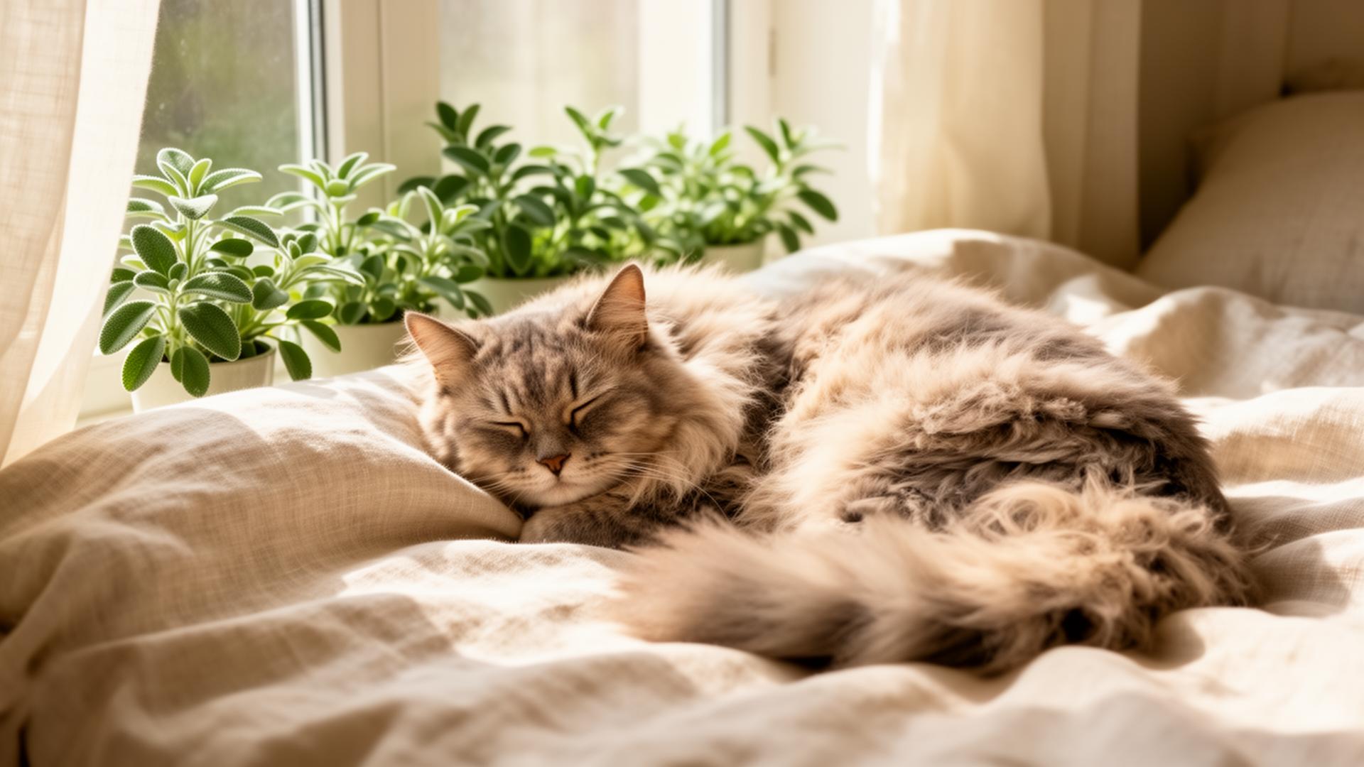 Chat reposant sur un lit en lin baigné de lumière
